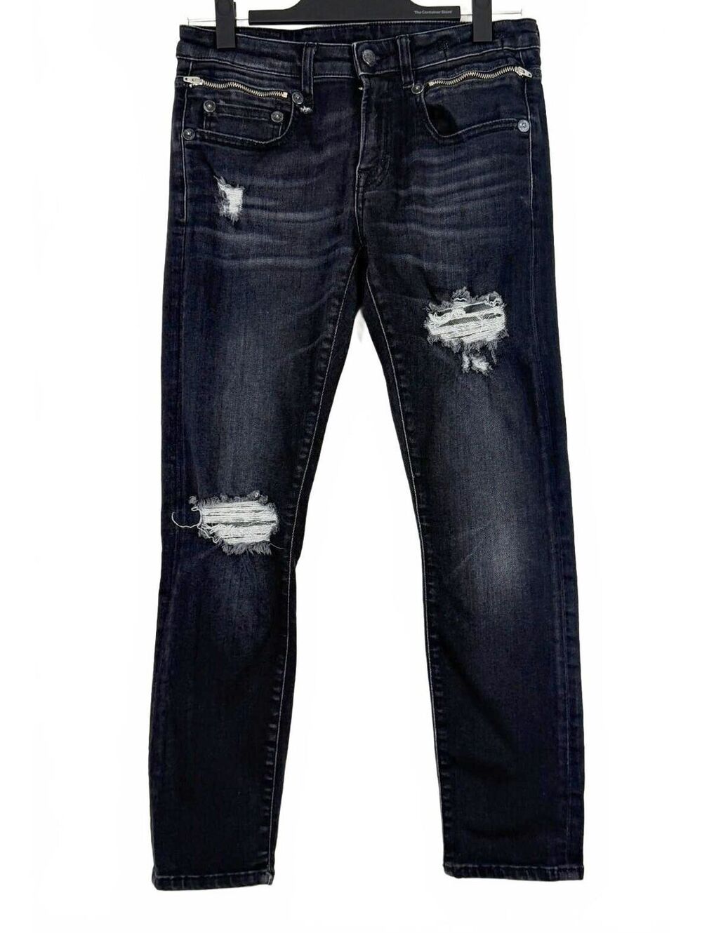 R13 Biker Boy Jeans Women's Size 26 Dark Moon Black‎ Distressed Zip Pocket Denim